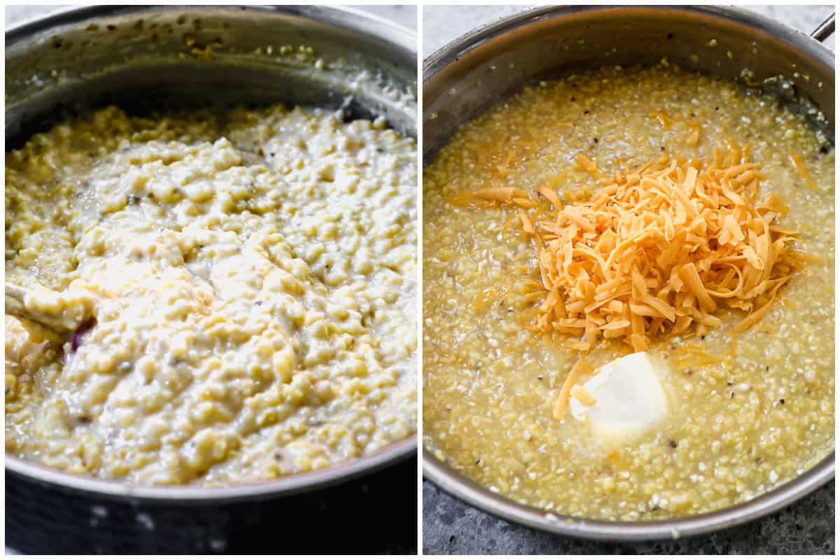 Two images showing cheesy shrimp and grits right after the grits are done cooking then when cheddar cheese and butter is added. 