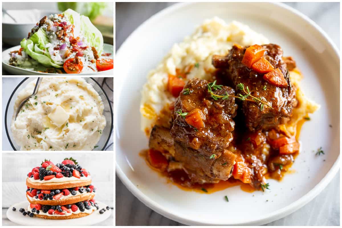 A collage showing a three course meal with Braised Short Ribs as the main dish.