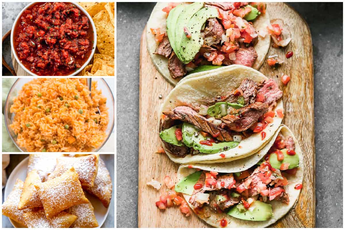 A collage showing a three course meal with Carne Asada Tacos as the main dish.