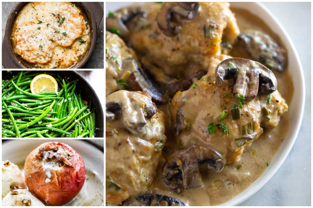 A collage showing a three course meal with Chicken Marsala as the main dish.