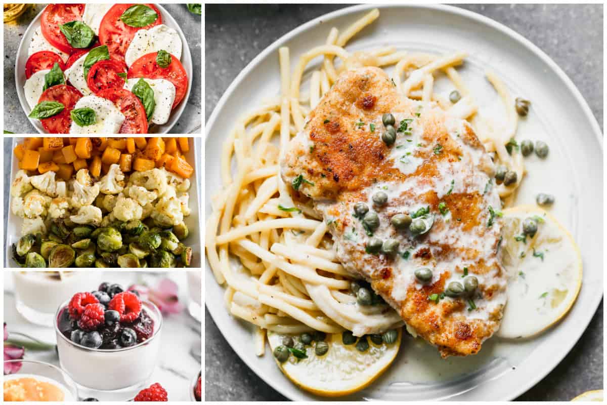 A collage showing a three course meal with Lemon Piccata as the main dish.