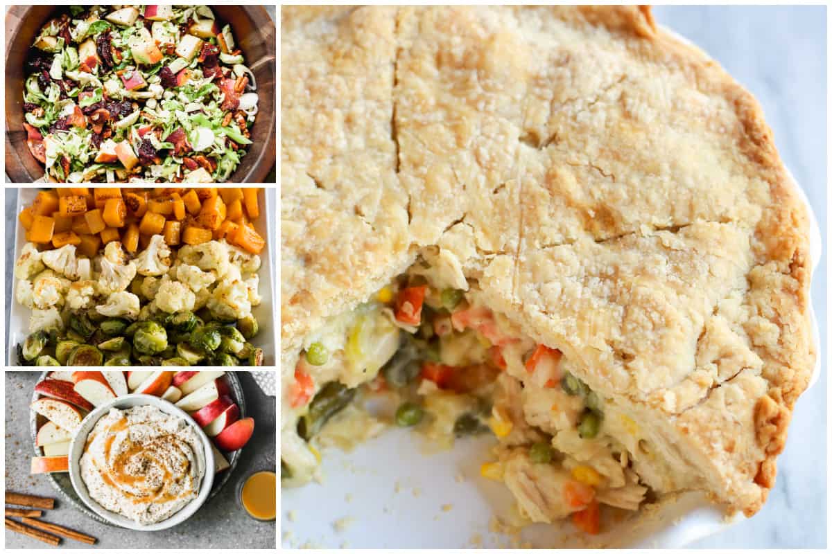 A collage showing a three course meal with Chicken Pot Pie as the main dish.