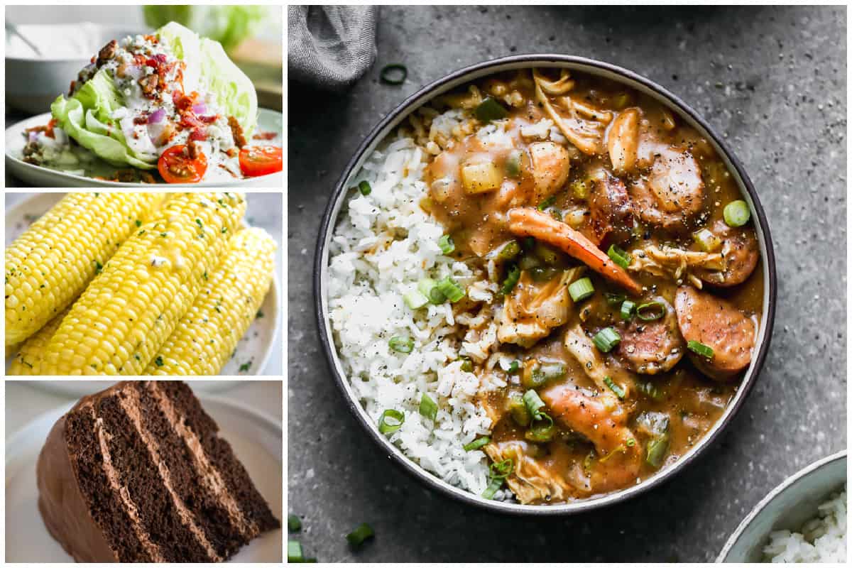 A collage showing a three course meal with Gumbo as the main dish.