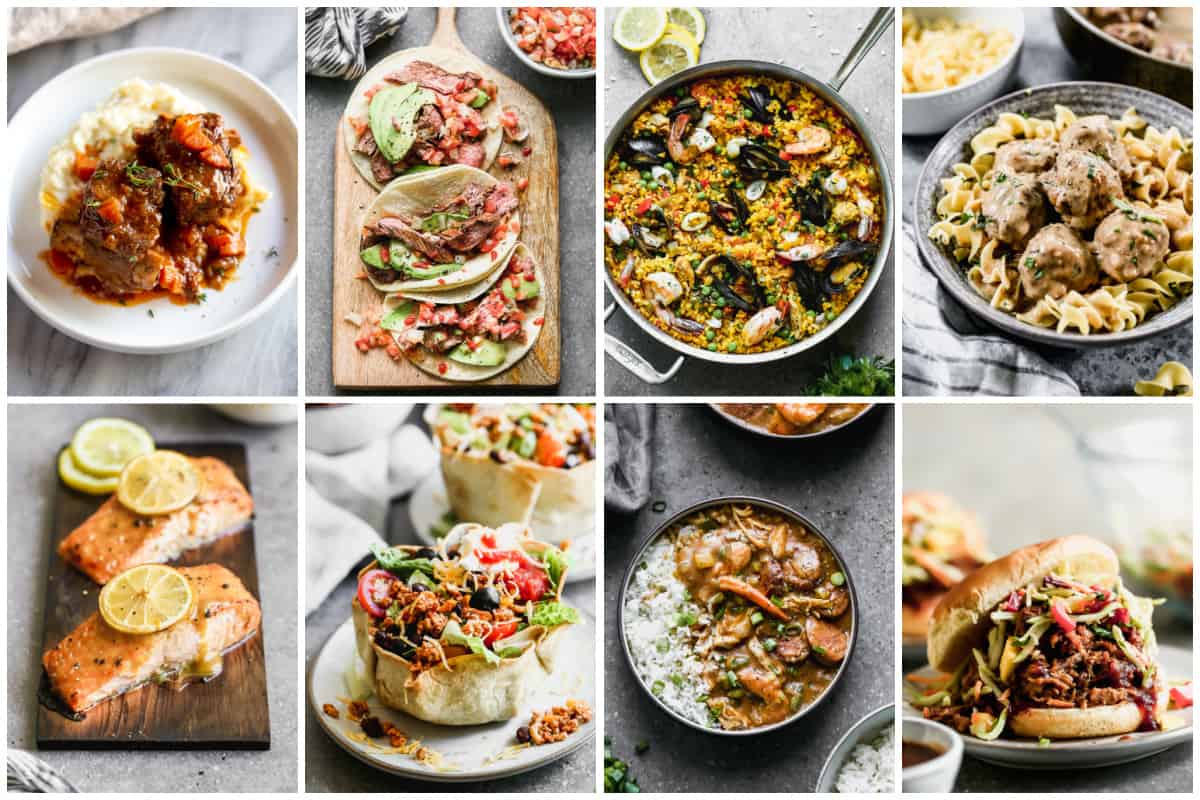 A collage showing a variety of main dishes.