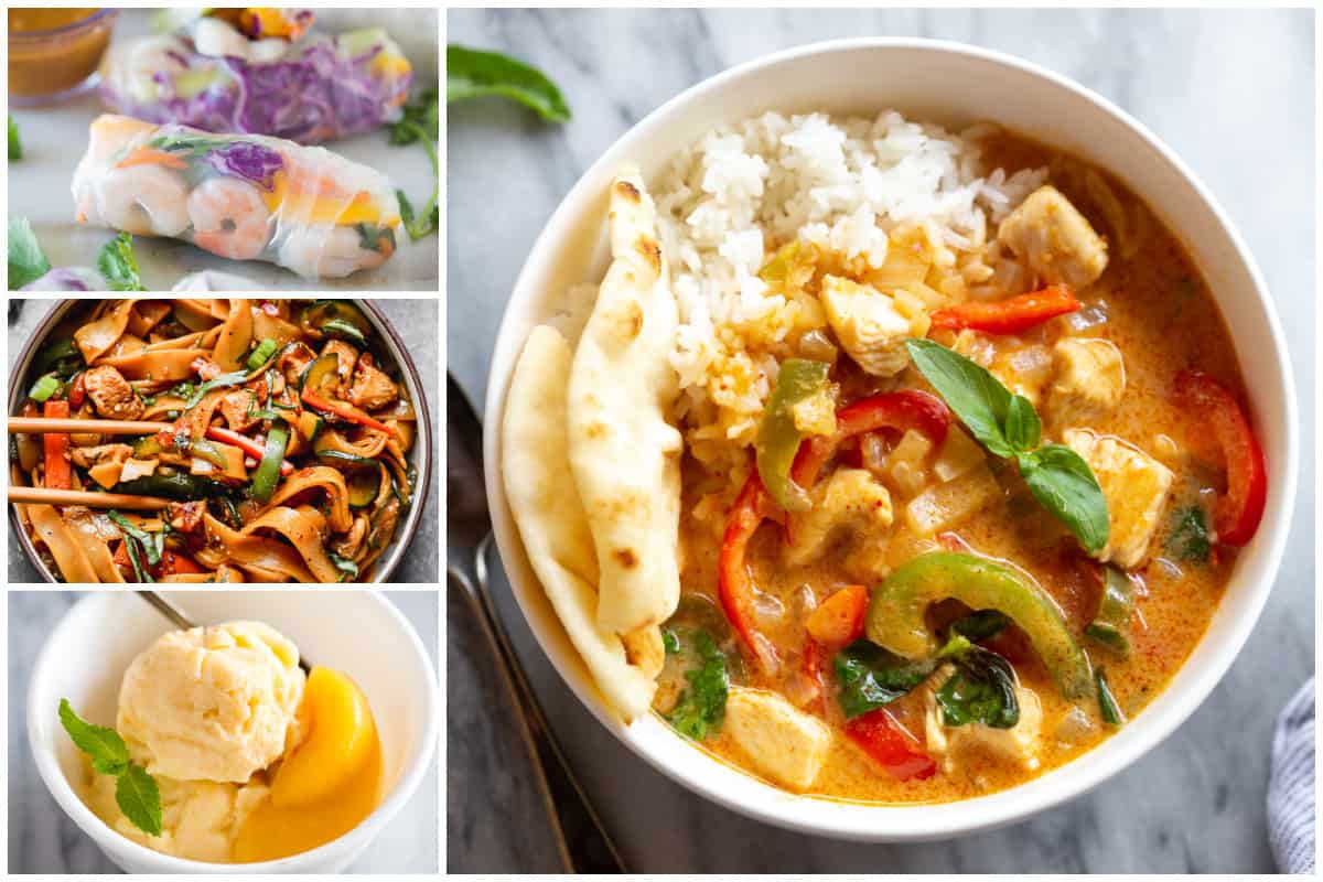 A collage showing a three course meal with Panang Curry as the main dish.