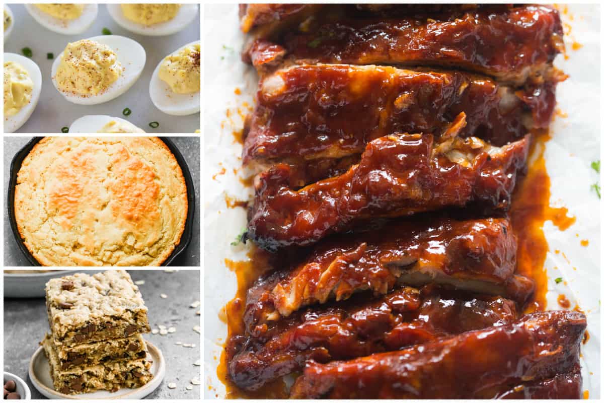 A collage showing a three course meal with Slow Cooker Ribs as the main dish.