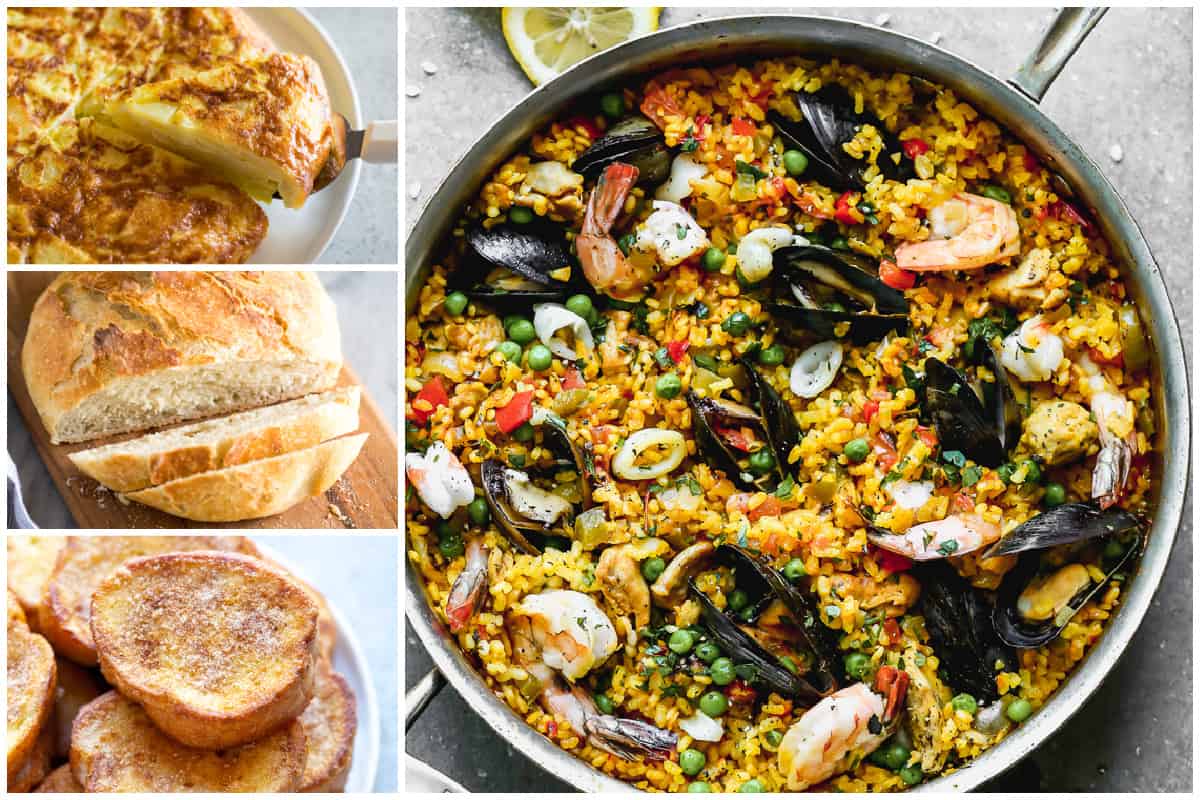 A collage showing a three course meal with Spanish Paella as the main dish.