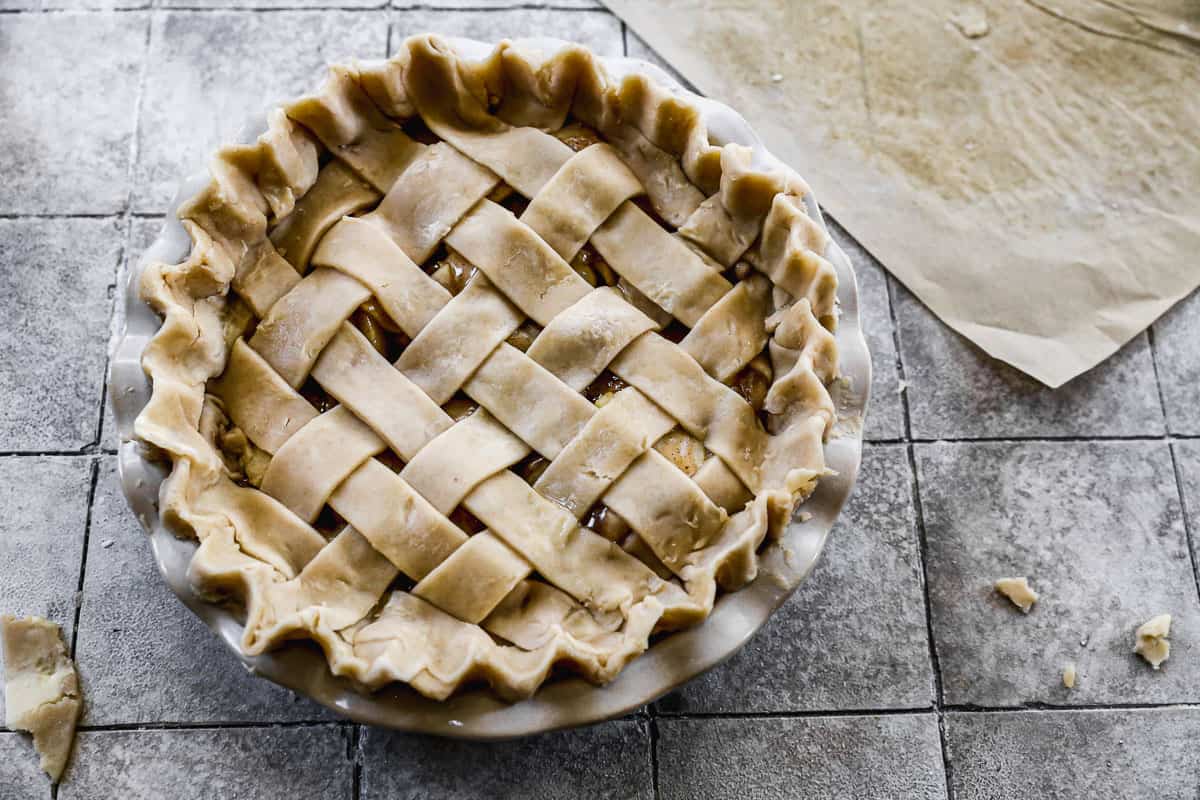 An easy homemade Apple Pie with a lattice crust, ready to bake!