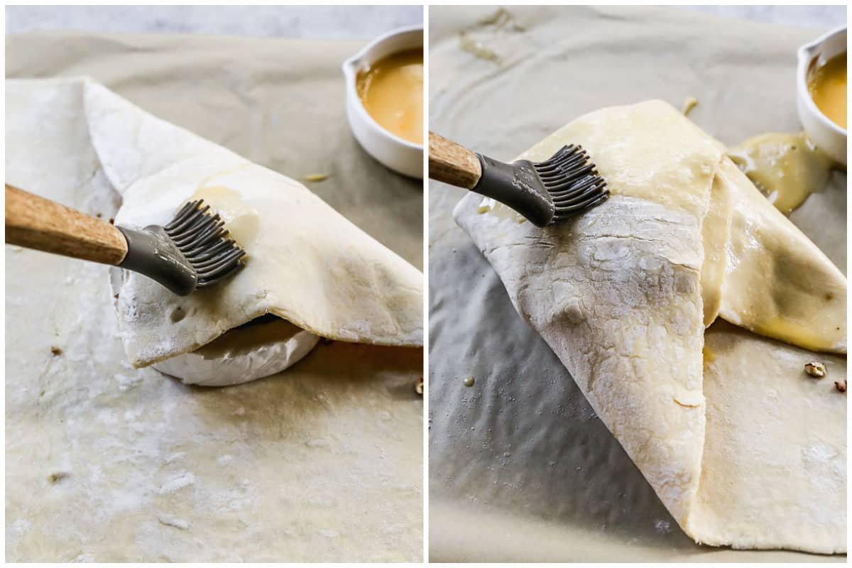 Two images showing Puff Pastry being wrapped around a wheel of brie with toppings, being sealed with egg wash.