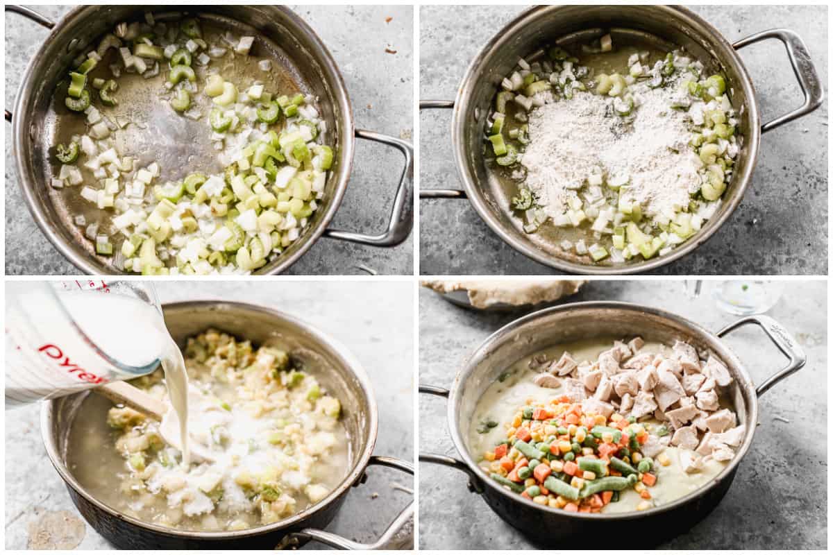 Empat gambar yang menunjukkan proses pembuatan isian Chicken Pot Pie.