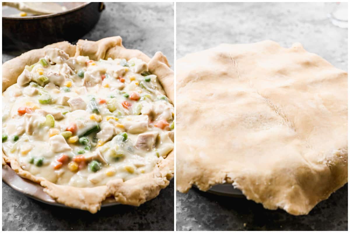 Two images showing a homemade Chicken Pot Pie being filled and covered with a top crust. 