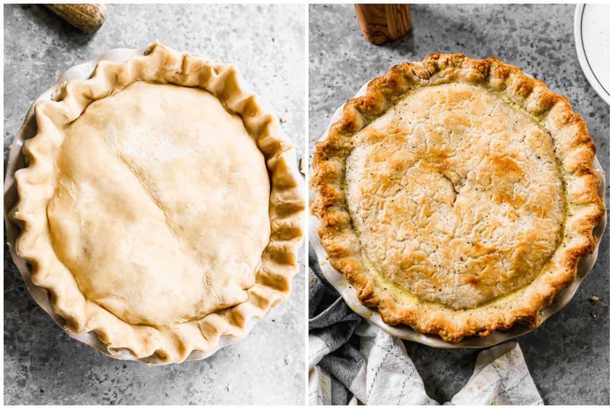 Dua gambar yang menunjukkan Chicken Pot Pie buatan sendiri yang belum dipanggang dan Chicken Pot Pie yang dipanggang. 