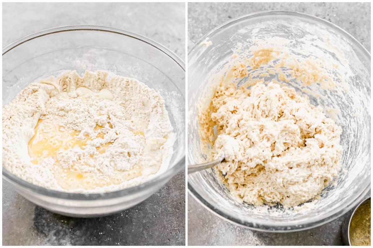 Two images showing a glass bowl with flour, baking powder, salt, milk, melted butter, and sour cream. Then the mixture mixed together.