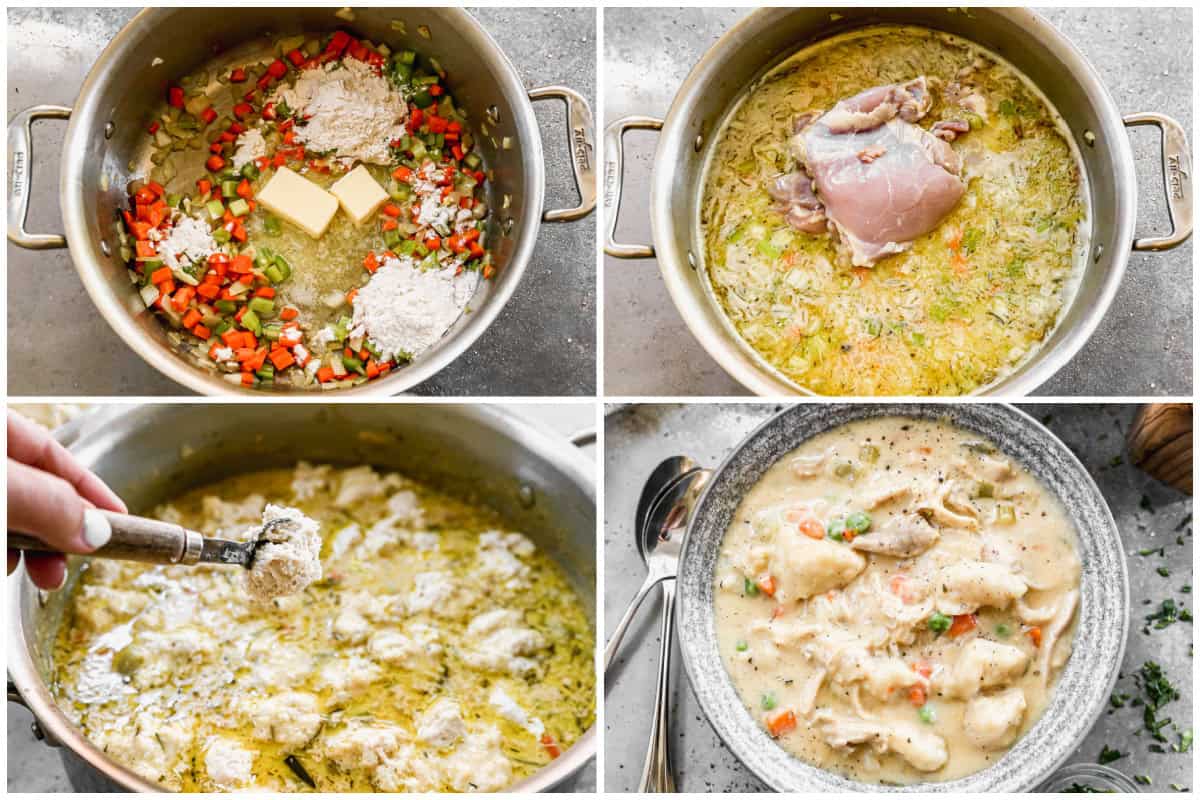 Learn how to make homemade chicken and dumplings and have it on the table in less than an hour! It is a hearty, creamy soup that everyone loves!