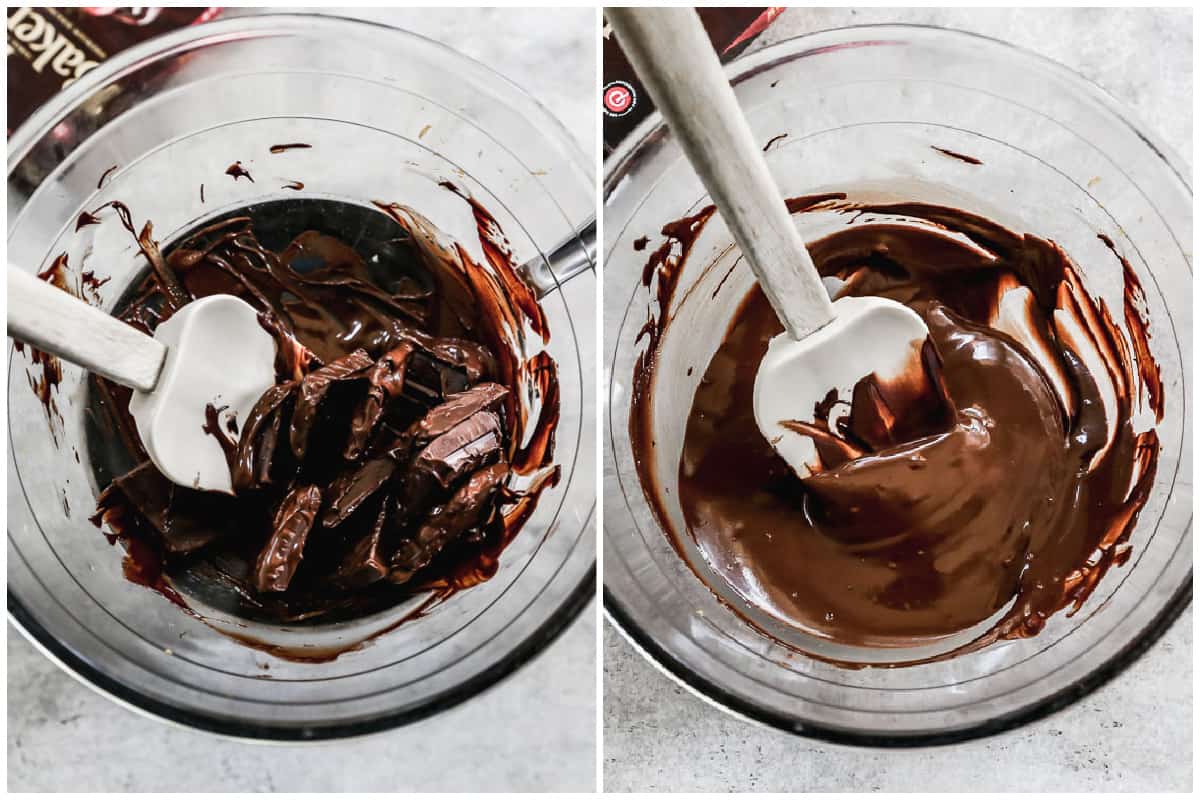Dua gambar yang menunjukkan cokelat dilelehkan dalam mangkuk kaca di atas panci. 