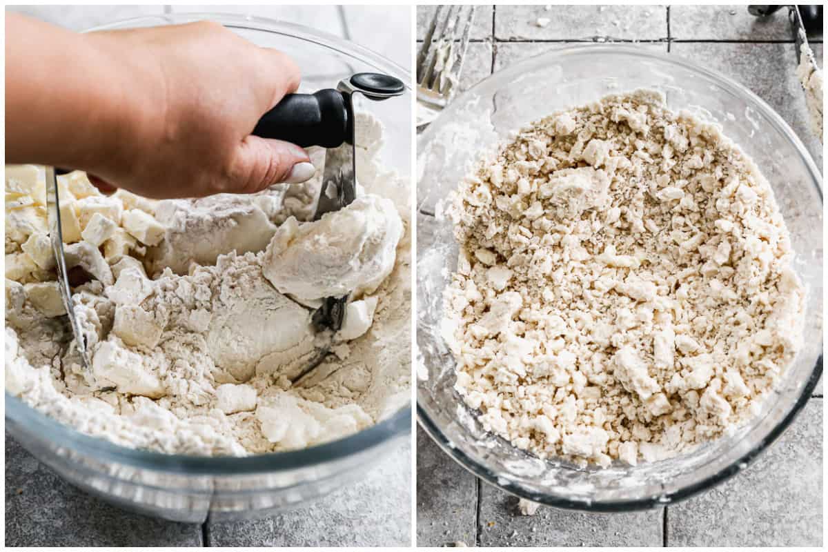 Dua gambar menunjukkan blender kue yang mencampur lemak ke dalam tepung, dan kemudian tekstur campuran yang rapuh. 