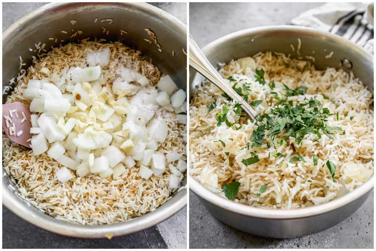 Two images showing how to make rice pilaf by combining diced onion in a pot with toasted rice then after it's cooked and fresh parsley is dumped on top.