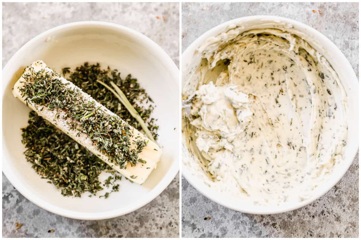 Dua gambar menunjukkan sebatang mentega dengan rempah segar, dan kemudian semua mentega dicampur untuk membuat Mentega Herb.