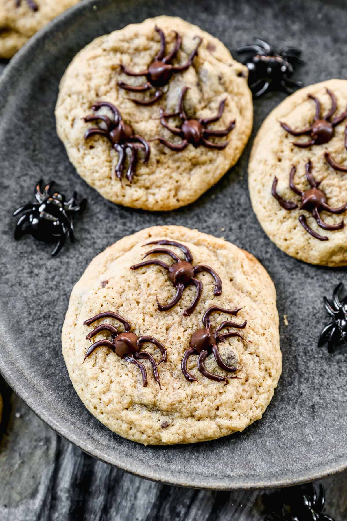 A close-up image of a chocolate chip spider cookie on a plate with two others. 