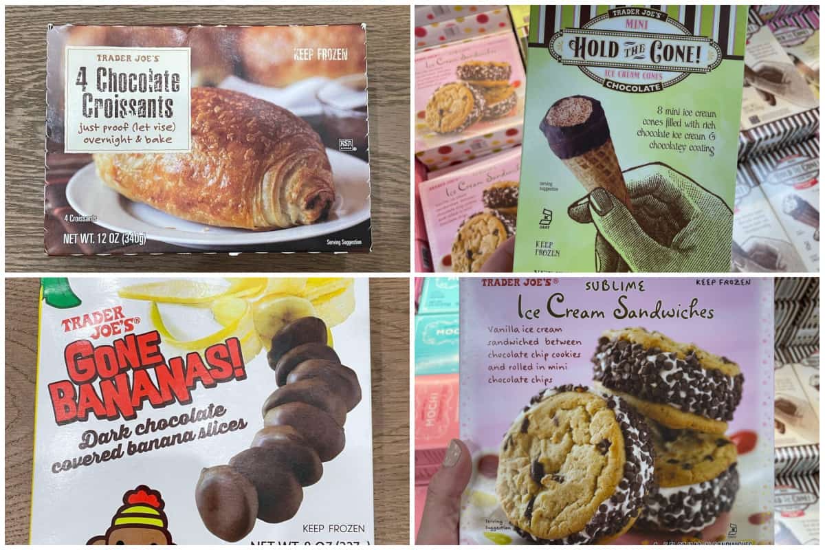 A four image collage showing some of my favorite frozen items from Trader Joe's.