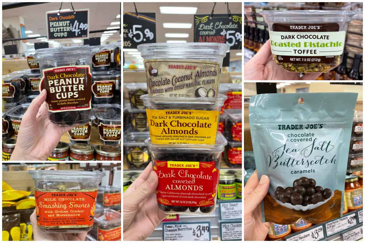 Lima gambar yang menunjukkan beberapa pilihan suguhan cokelat dari Trader Joes.