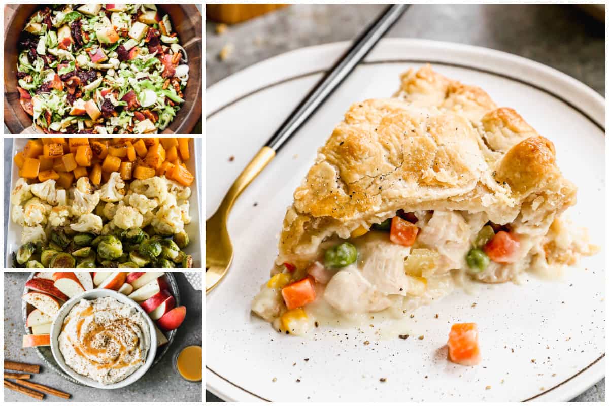 A collage of a three course meal with Chicken Pot Pie as the main dish.