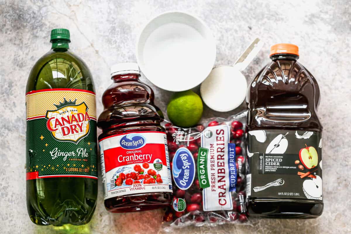 All the ingredients needed to make Christmas Punch: sugar, ginger-ale, cranberry juice, cranberries, apple cider, and water.