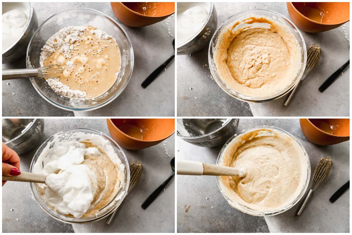 A four image collate showing the batter being mixed and whipped egg whites incorporated for the best Gingerbread Waffles.