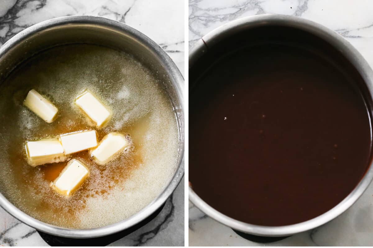 Dua gambar menunjukkan gula, sirup jagung ringan, krim kental, garam, dan air dalam panci, lalu campuran yang sama setelah matang dan vanila ditambahkan.