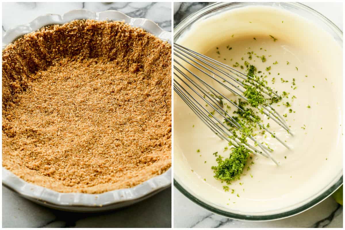 Two images showing how to make key lime pie by making a graham cracker crust then the creamy filling whisked in a bowl with fresh lime zest. 