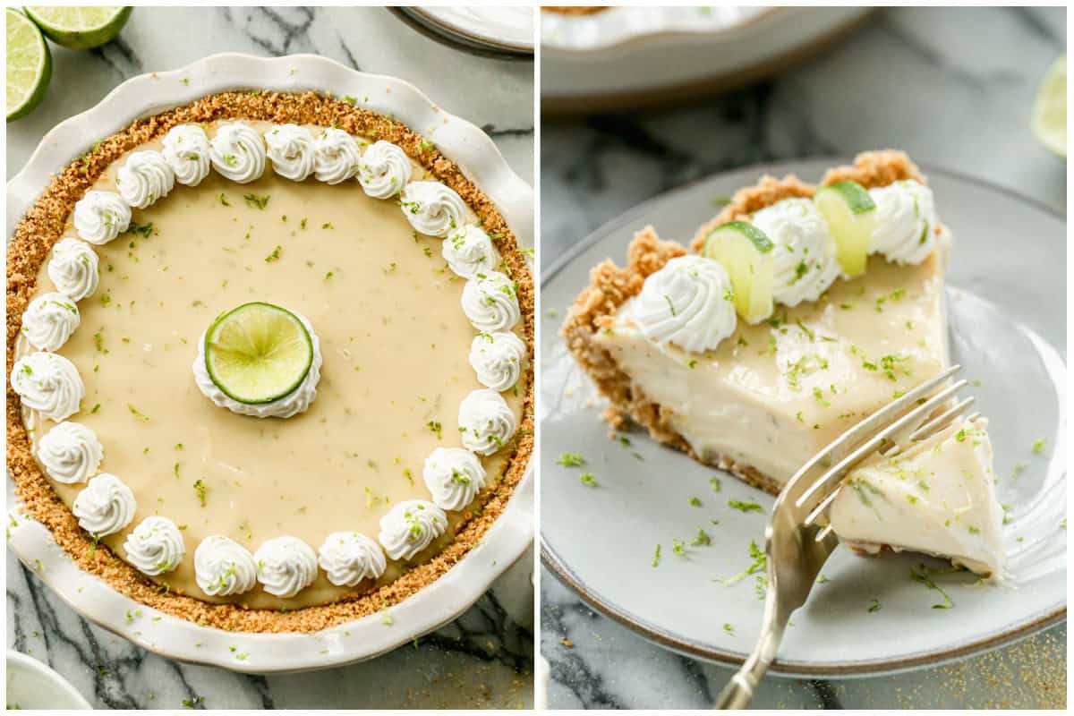The best Key Lime Pie recipe in a pie plate with whipped cream piped around the edges then after a slice is on a plate with a fork taking a bite.