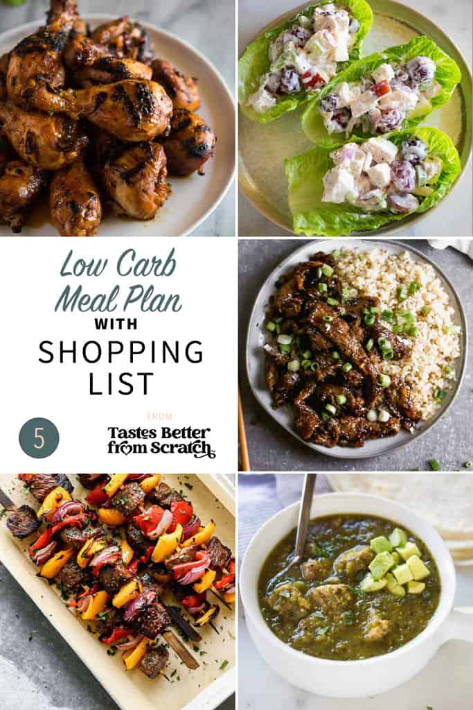 a collage of 5 dinner recipes for low carb meal plan 5.