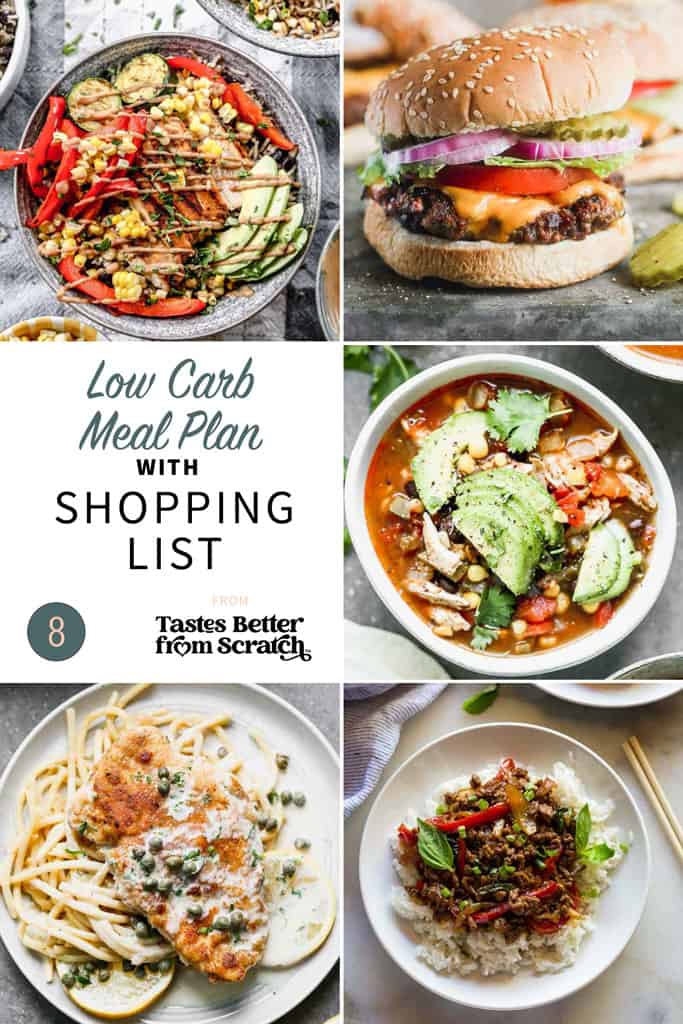 collage of 5 dinner recipes from low carb meal plan 8.