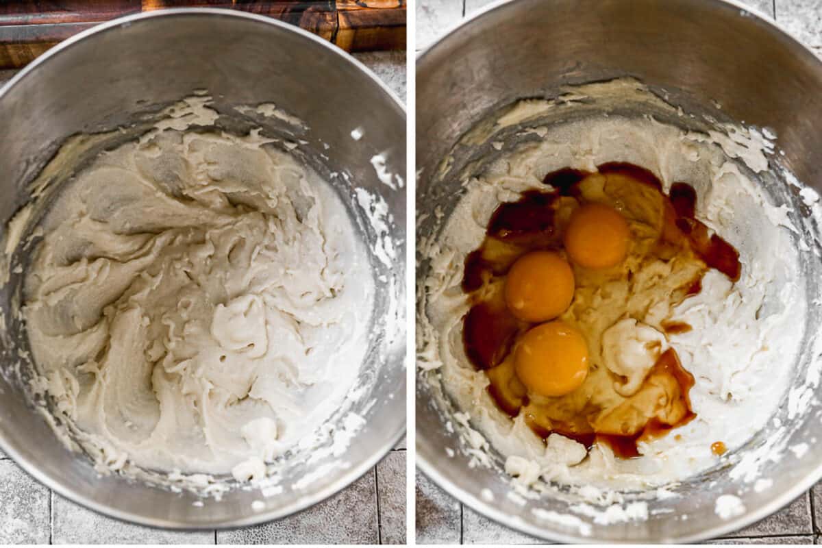 Dua gambar yang menunjukkan gula dan mentega sedang dibuat krim dan kemudian telur dan vanila ditambahkan untuk Pecan Pie.