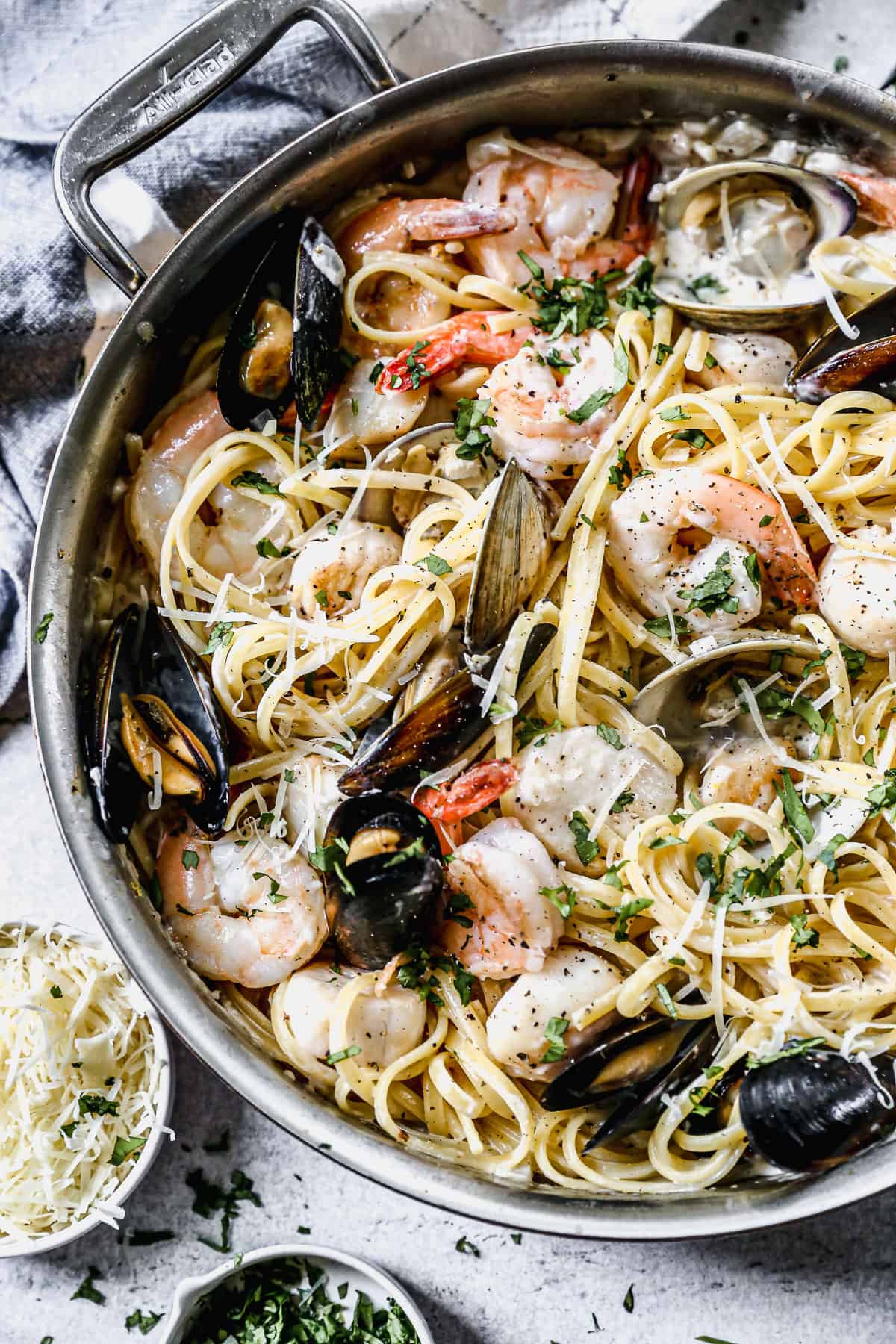 A close up picture of easy Seafood Pasta. 