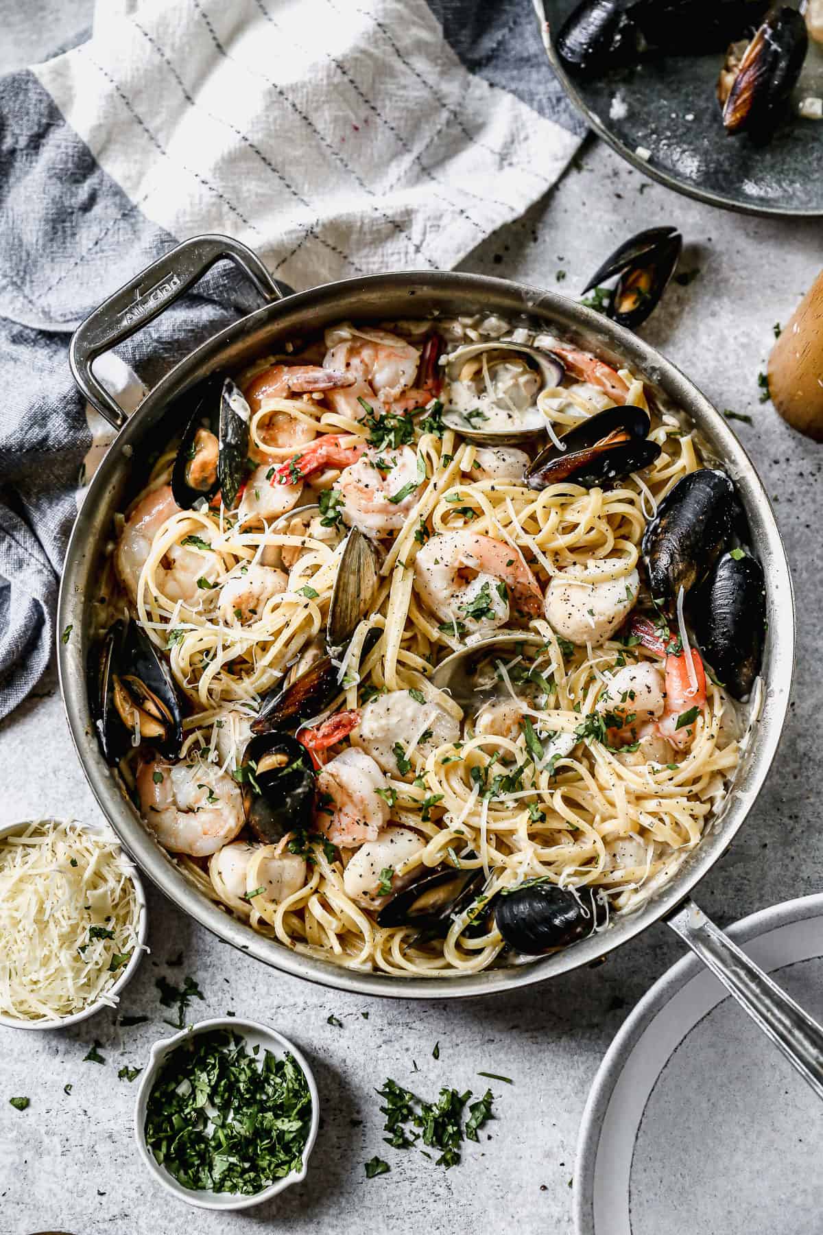 A pan of Seafood Pasta, ready to serve.