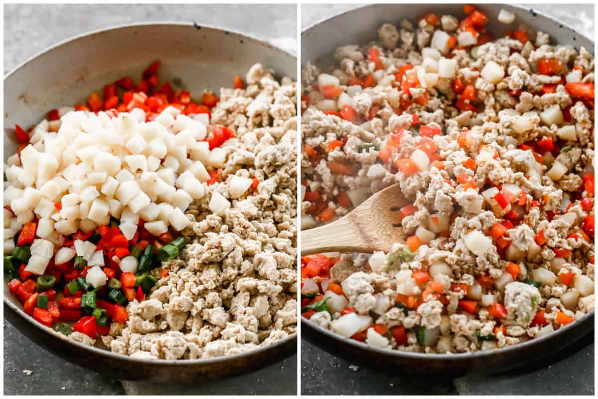 Two images showing chopped vegetables being added to a pan and then sautéed.
