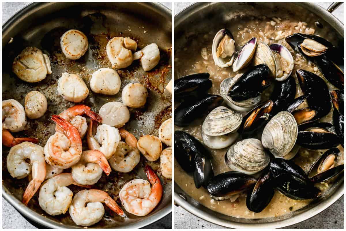 Two images showing shrimp, scallops, clams, and mussels being cooked in a pan for an Italian seafood pasta recipe. 