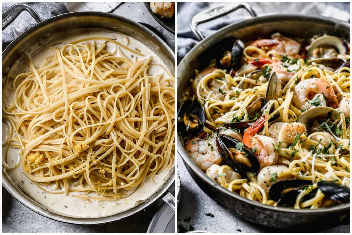 Two images showing the best Seafood Pasta recipe with linguine noodles being tossed in a homemade garlic cream sauce then after the seafood is added and it's garnished with fresh parsley and parmesan cheese.