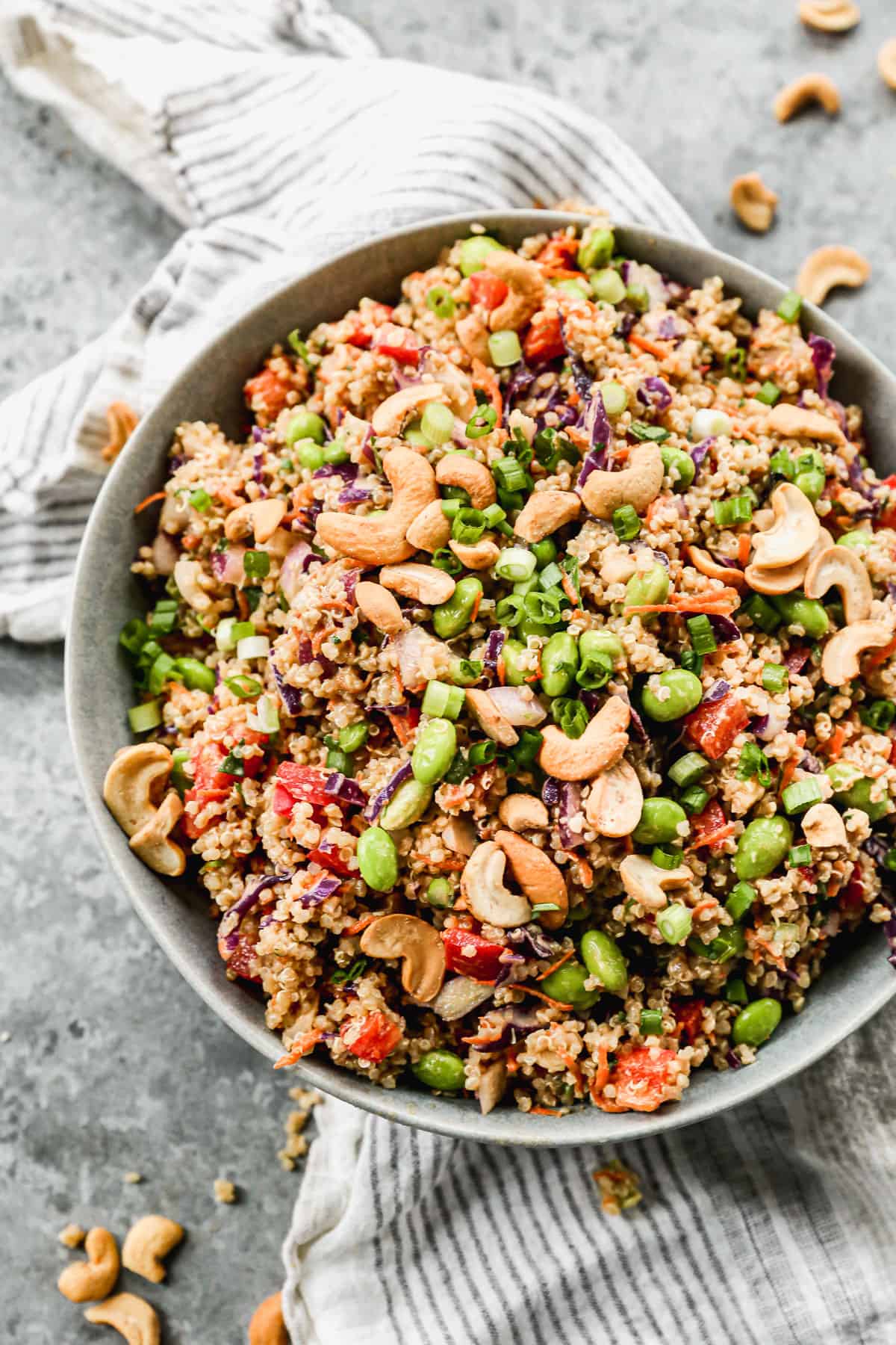 A picture of the best Thai Quinoa Salad recipe in a large bowl, ready to serve.