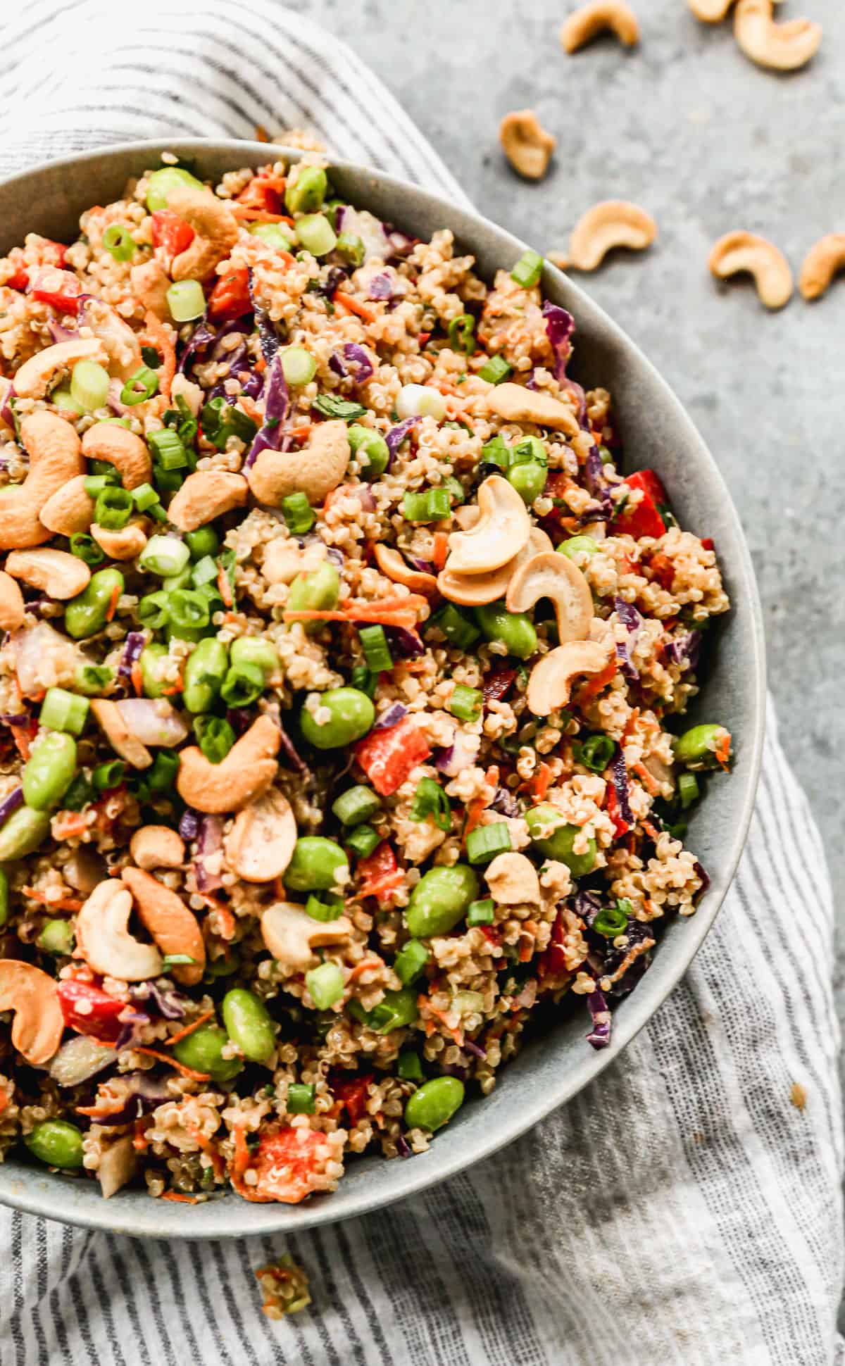 A close up image of a Thai Quinoa Salad in a large bowl, ready to enjoy!