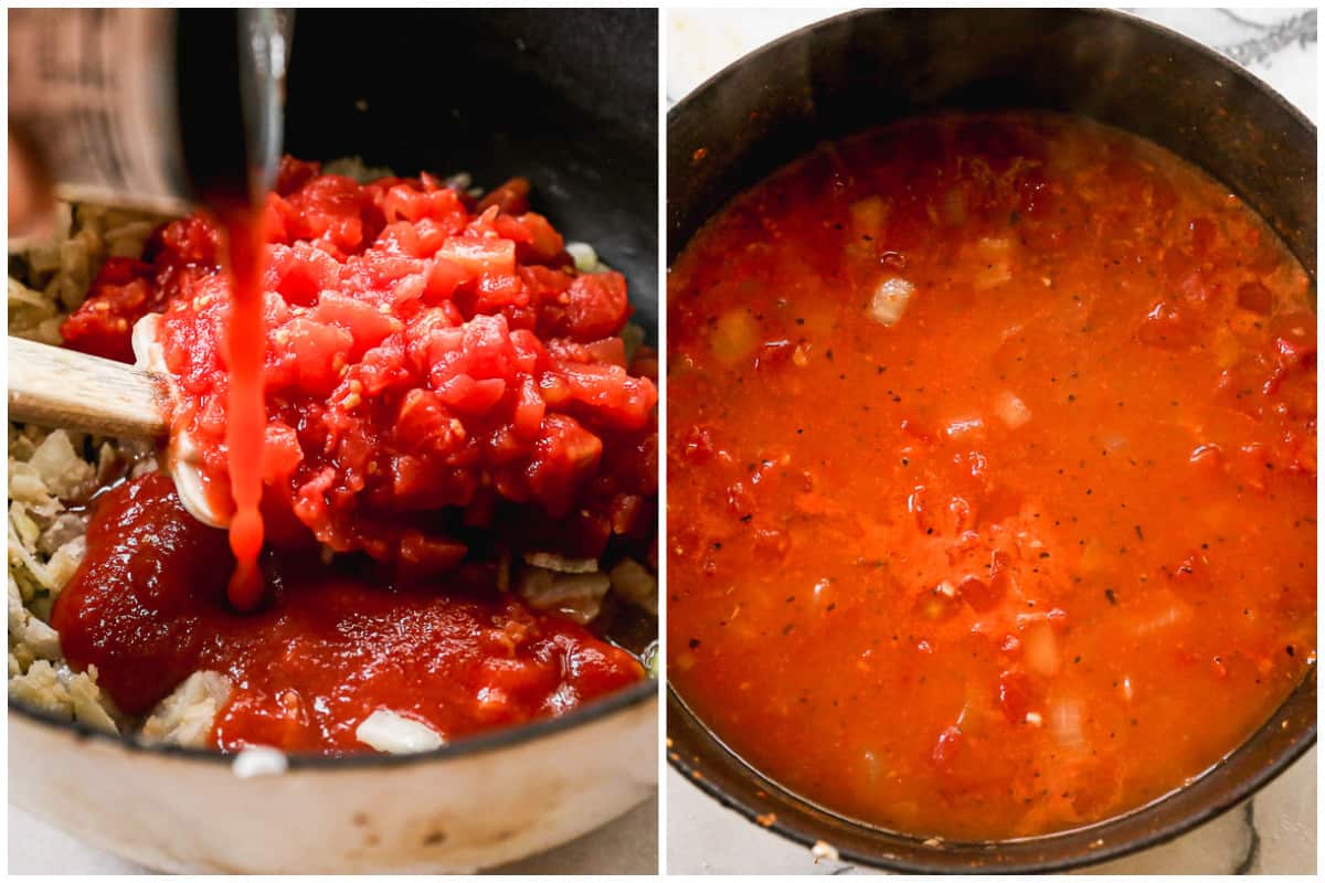 A two image collage showing tomatoes and spices being added to sautéed onions, and then a soup simmering. 