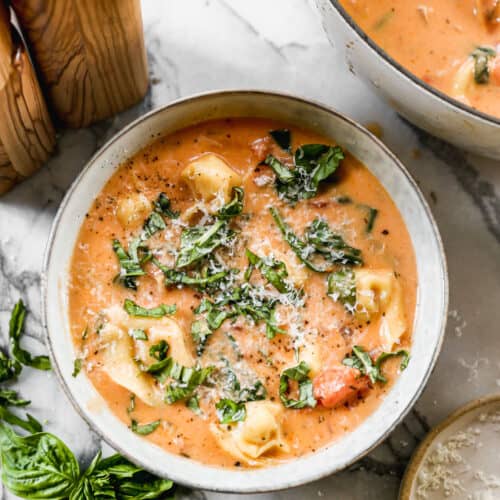 A bowl of easy Creamy Tortellini Soup, ready to enjoy.