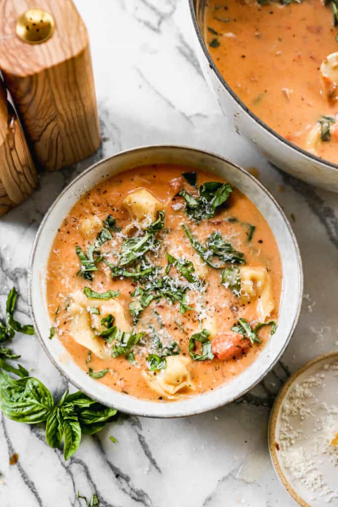 A bowl of easy Creamy Tortellini Soup, ready to enjoy.