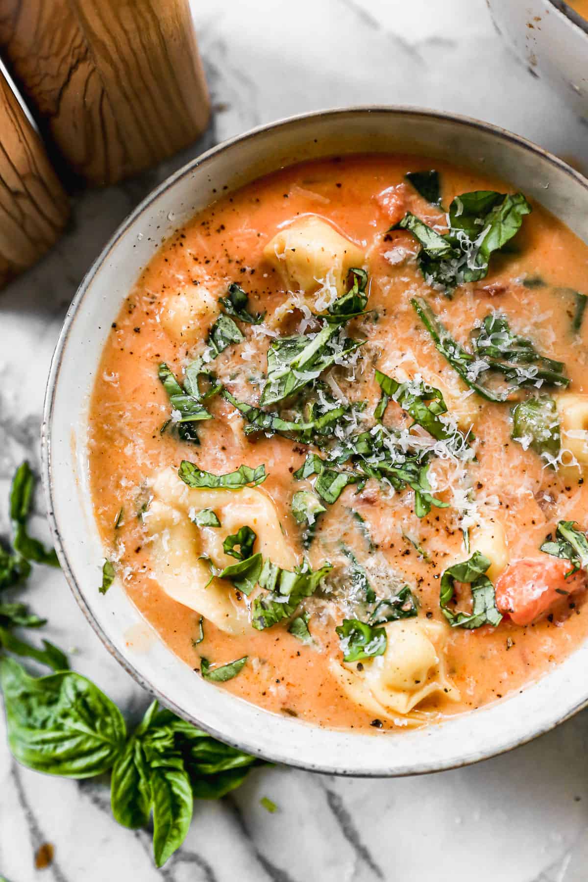 Gambar close-up semangkuk sup krim tortellinin buatan sendiri, dengan topping kemangi segar dan keju parmesan.  Siap dinikmati. 