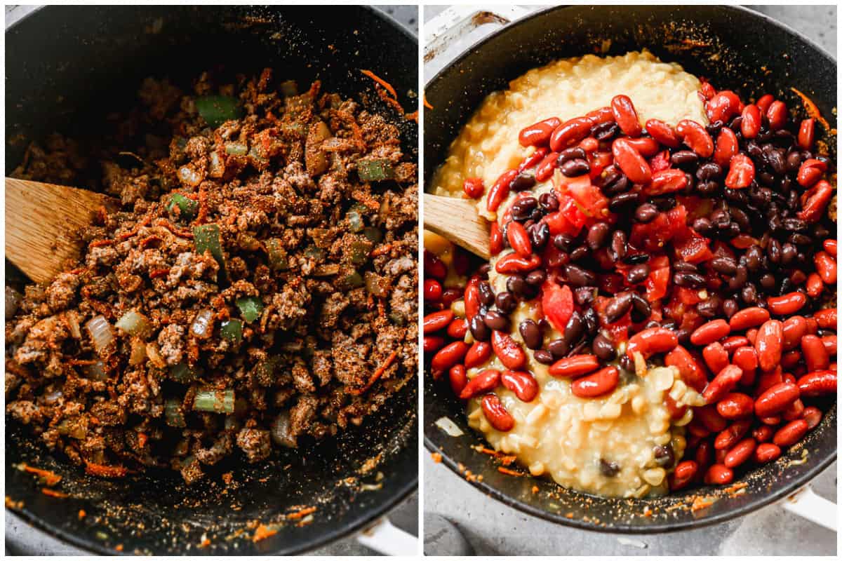 Two images showing ground turkey, seasoning, and vegetables being combined then beans, corn, and tomatoes being stirred in to make the best turkey chili.