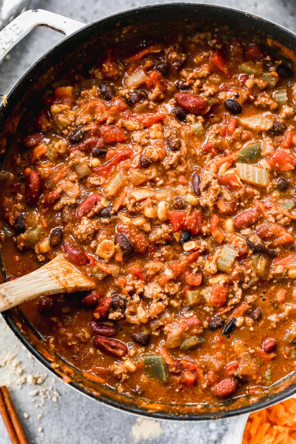 A close-up image showing the best turkey chili being simmered, ready to serve.