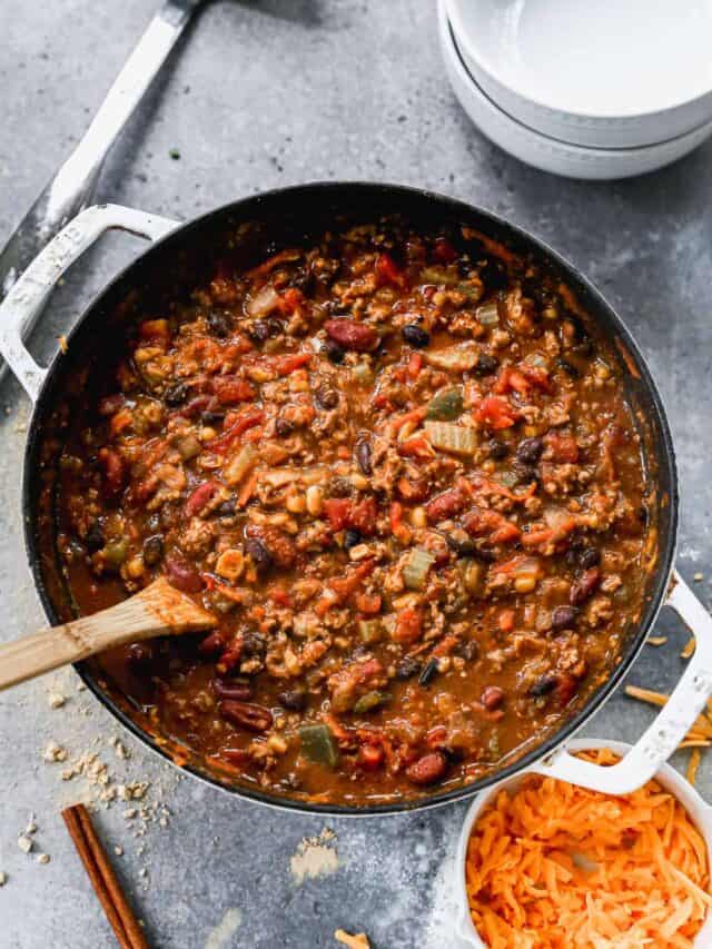 A large stockpot filled with homemade Turkey Chili, ready to serve.