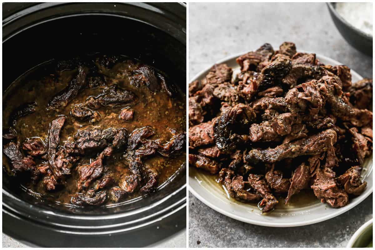 Two images showing thinly sliced beef in a slow cooker then on a white plate.