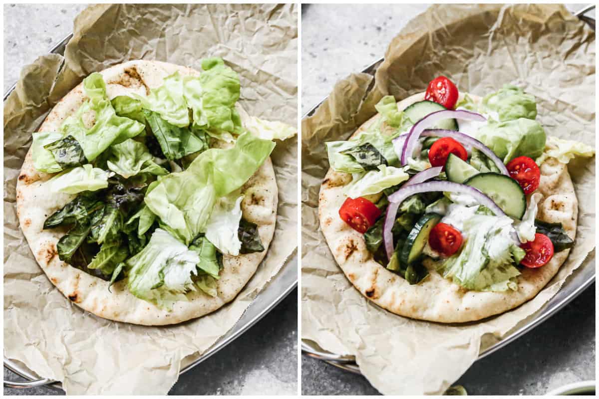 Two images showing how to assemble a beef gyro with lettuce and toppings.